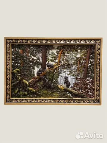 Резное панно «Мишки в лесу» 49×70 см — необычный подарок